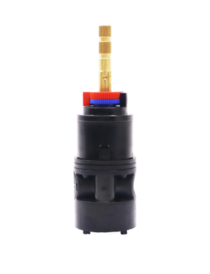 Black plastic cartridge with brass stem red and blue limit stop and black rubber rings for proper seal.