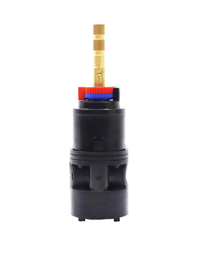 Black plastic cartridge with brass stem red and blue limit stop and black rubber rings for proper seal.