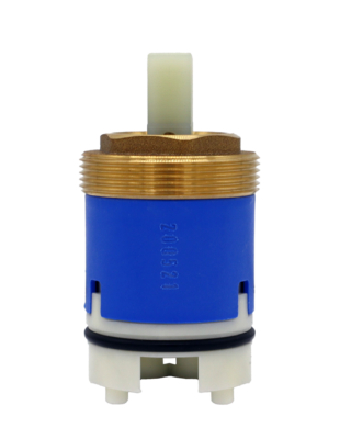 Bright blue and white plastic cartridge with bright brass bonnet nut black rubber o-ring and black rubber seals.