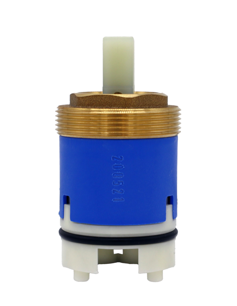 Bright blue and white plastic cartridge with bright brass bonnet nut black rubber o-ring and black rubber seals.