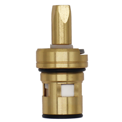 Bright brass cartridge with metal clip with white ceramic discs and black oring and seal.