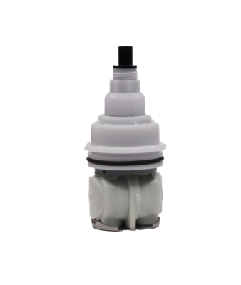 White plastic cartridge with black plastic handle connection stainless bottom black rubber o-rings.