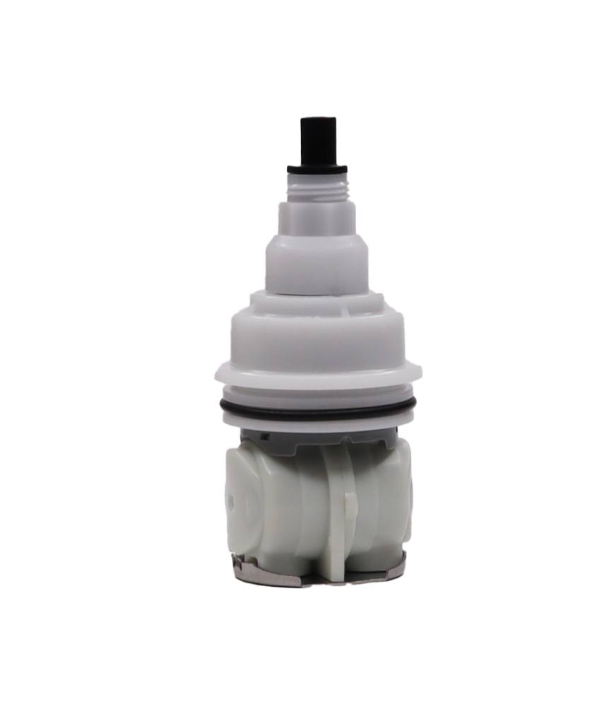 White plastic cartridge with black plastic handle connection stainless bottom black rubber o-rings.