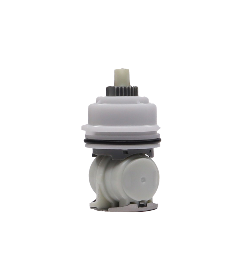 White plastic cartridge with stainless bottom black oring and grey handle limit stop.
