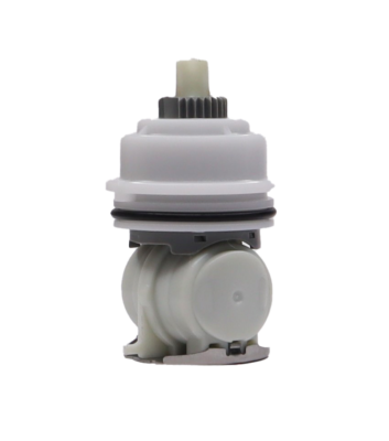 White plastic cartridge with stainless bottom black oring and grey handle limit stop.