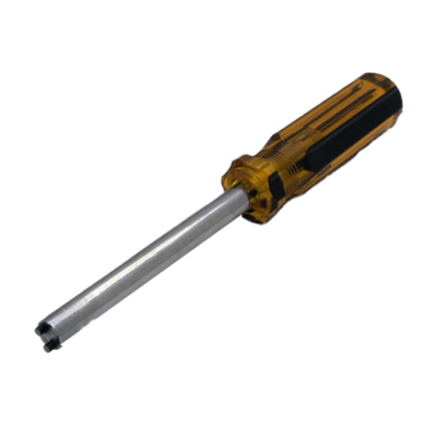 Yellow black and polished chrome vandal proof screw driver.