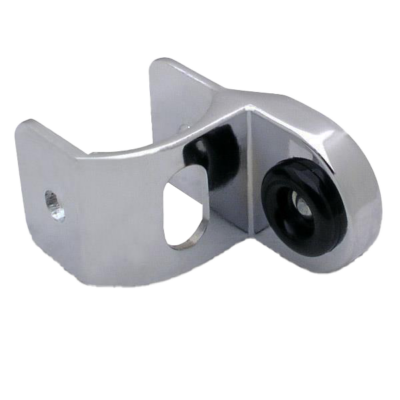 Polished chrome strike keeper with black rubber bump.