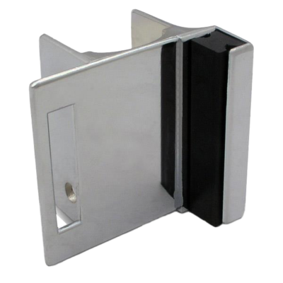 Polished chrome strike and keeper with black rubber bumper.