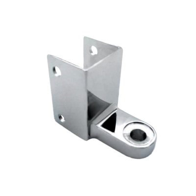 Polished chrome bottom hinger bracket with 4 screw holes.