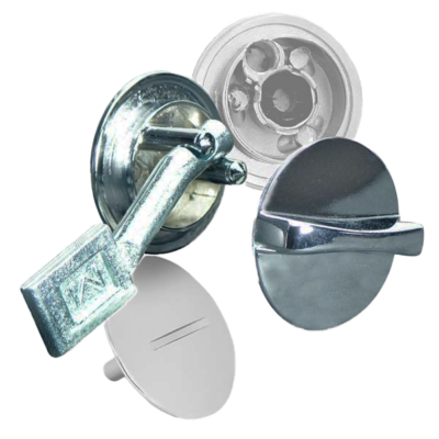 Polished chrome flat bar door latch.