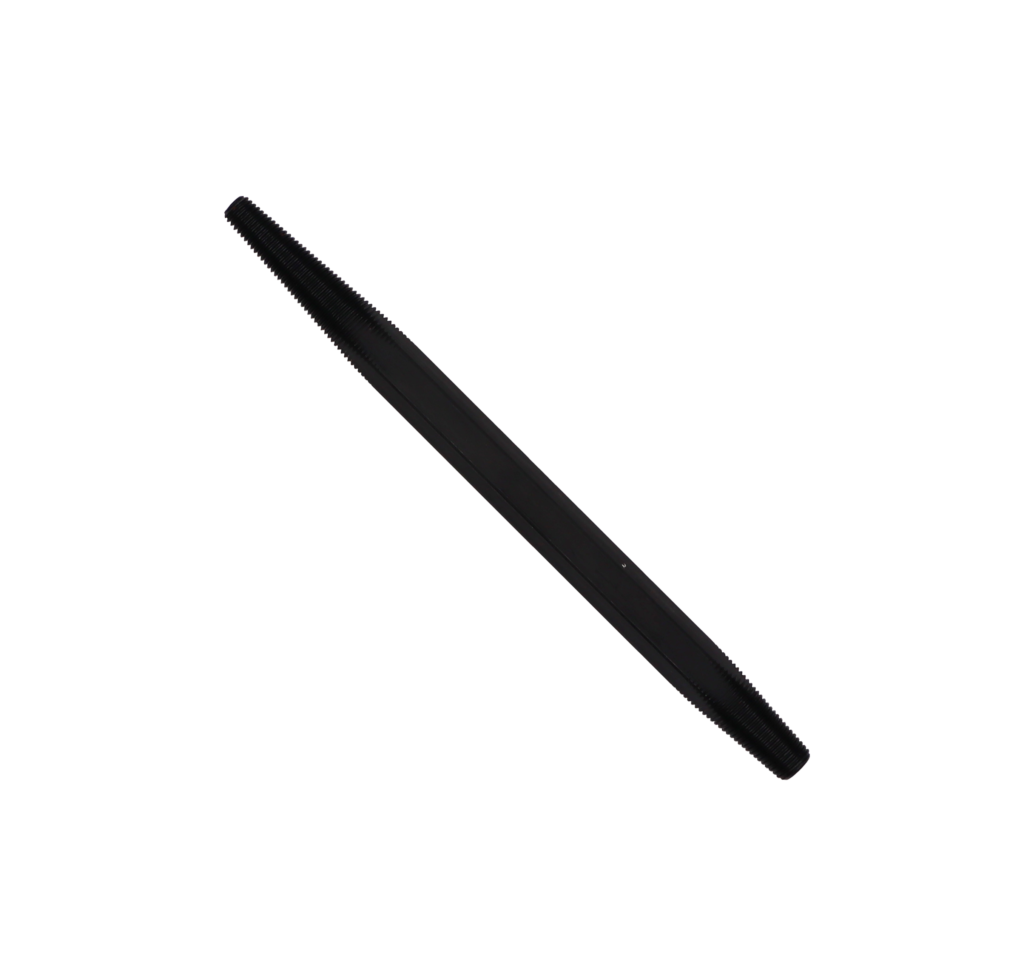 Black steel tool with threads on both ends.