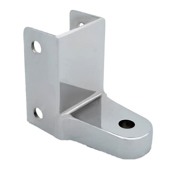 Polished chrome hinge with screw holes.
