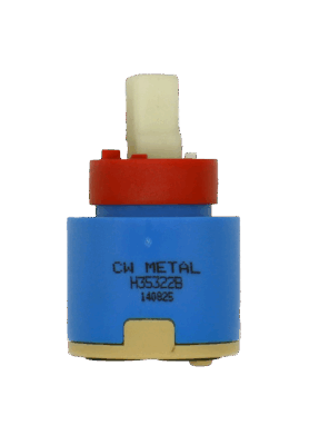 Blue and tan plastic cartridge with red limit stop and square handle connection with black rubber bottom seal.