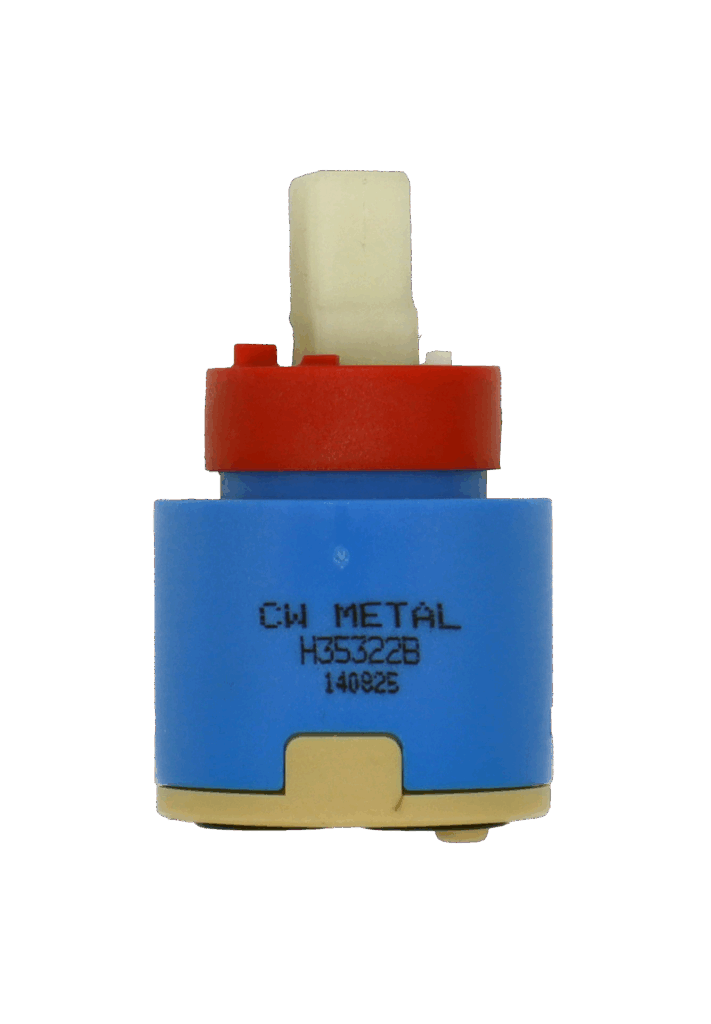 Blue and tan plastic cartridge with red limit stop and square handle connection with black rubber bottom seal.