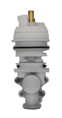 White plastic cartridge with brass stem and black oring and washers.