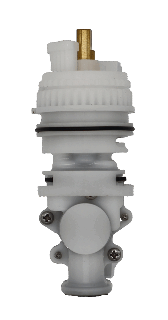 White plastic cartridge with brass stem and black oring and washers.