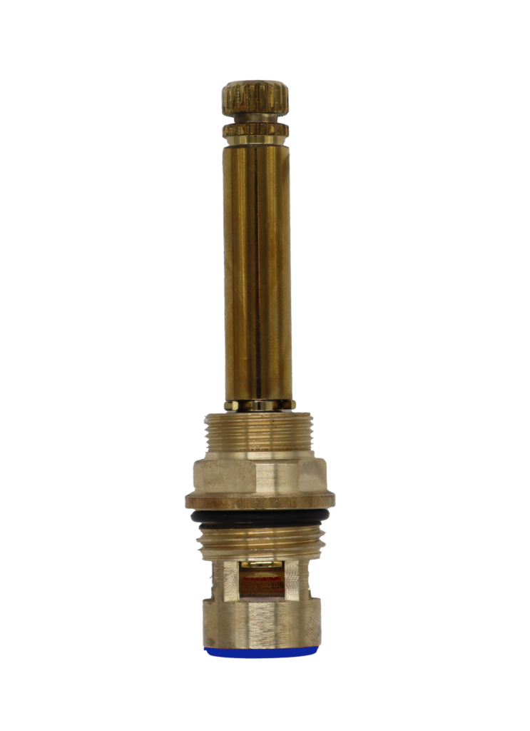 Brass cartridge with black rubber o-ring white ceramic discs and blue rubber seal.