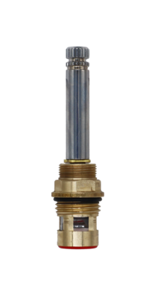 Brass cartridge body with polished chrome stem black o-ring white ceramic discs and red seal.