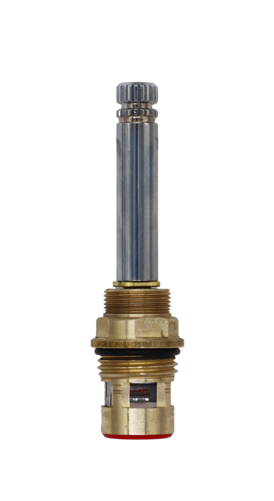 Brass cartridge body with polished chrome stem black o-ring white ceramic discs and red seal.