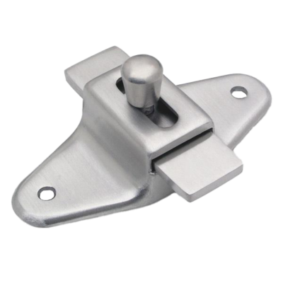 Stainless steel door latch with slide bar and screw holes.