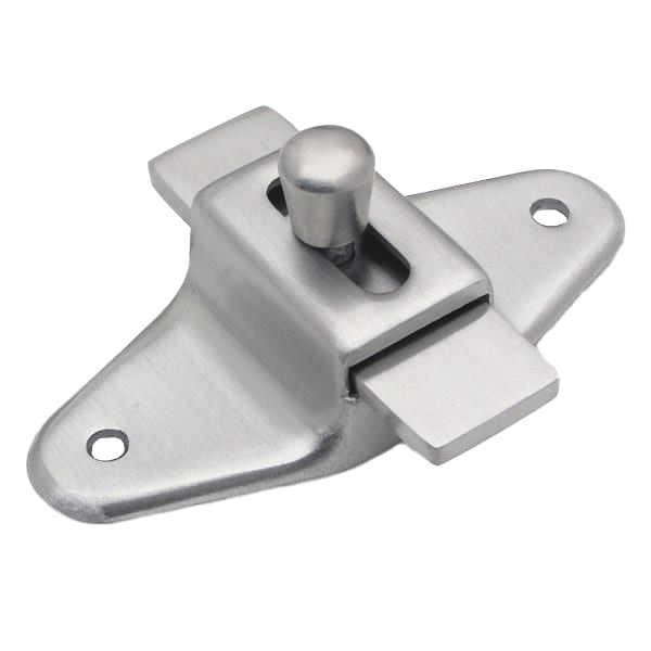 Stainless steel door latch with slide bar and screw holes.