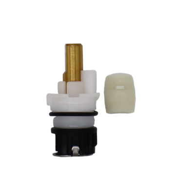 White and black plastic cartridge body with brass d broach stem black rubber o-ring sainless bottom and ceramic disc limit stop.