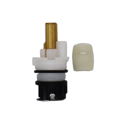 White and black plastic cartridge body with brass d broach stem black rubber o-ring sainless bottom and ceramic disc limit stop.