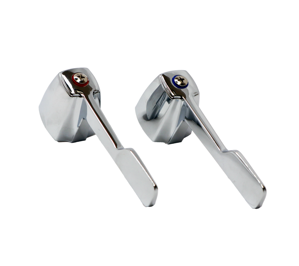 Polished chrome wrist blade handles with red and blue index buttons and stainless screws.