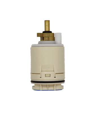 Tan plastic cartridge body with white plastic top brass stem black oring and blue bottom seal.