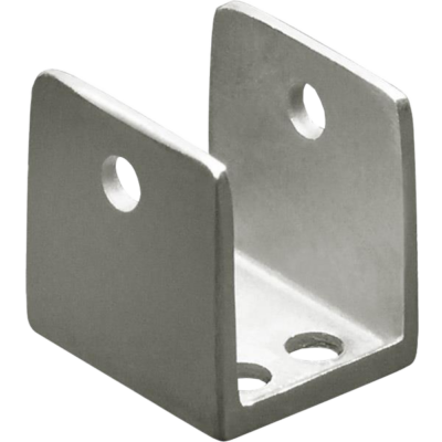 Stainless steel bracket with screw holes.