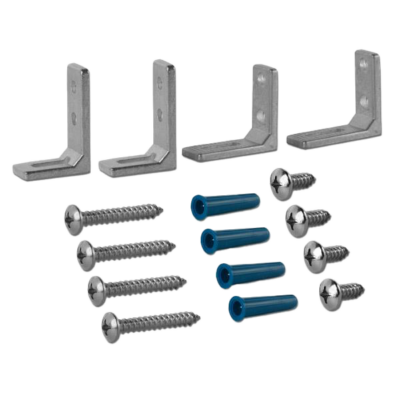 Unplated l brackets with stainless screws and blue ancher sleeves.