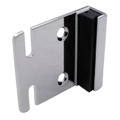 Polished chrome strike and keeper with screw holes and black rubber bumper.