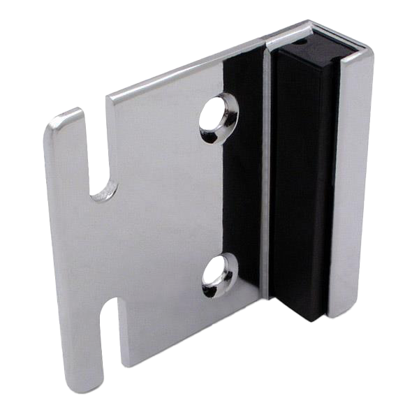 Polished chrome strike and keeper with screw holes and black rubber bumper.