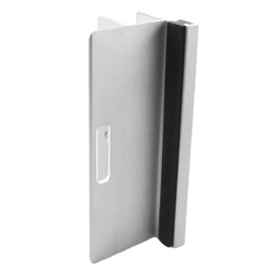 Aluminum strike and keeper with black rubber bumper.