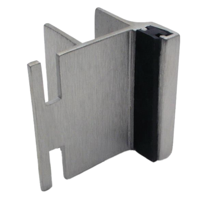 Stainless steel strike and keeper with black rubber bumper.