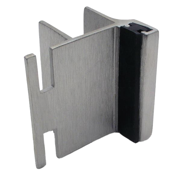 Stainless steel strike and keeper with black rubber bumper.
