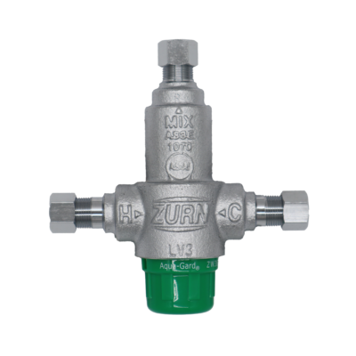 Chrome plated brass valve with polished chrome nuts and green plastic cap.