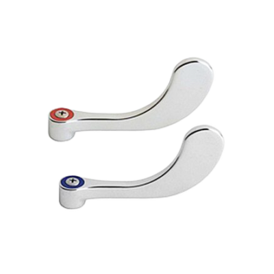 Polished chrome wrist blade handles with red & blue index buttons.