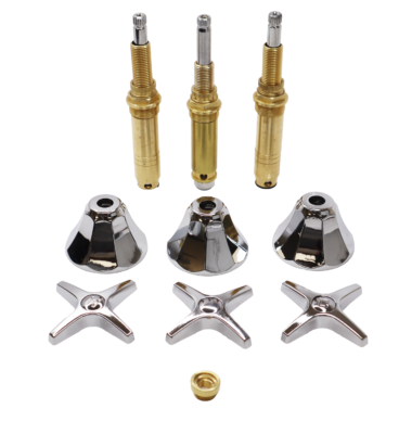 Bright chrome cross handles and octagon shaped escutcheons. Brass faucet stems and faucet seats.
