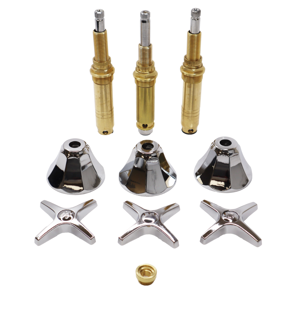 Bright chrome cross handles and octagon shaped escutcheons. Brass faucet stems and faucet seats.