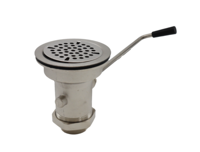 Bright chrome commercial twist drain with chrome strainer black handle grip.