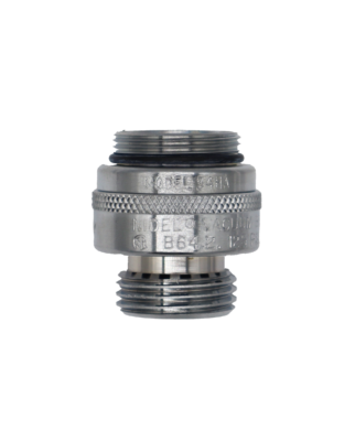 Polished chrome vacuum breaker with black oring and black plastic backflow preventer.