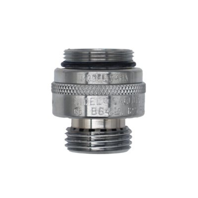 Polished chrome vacuum breaker with black oring and black plastic backflow preventer.