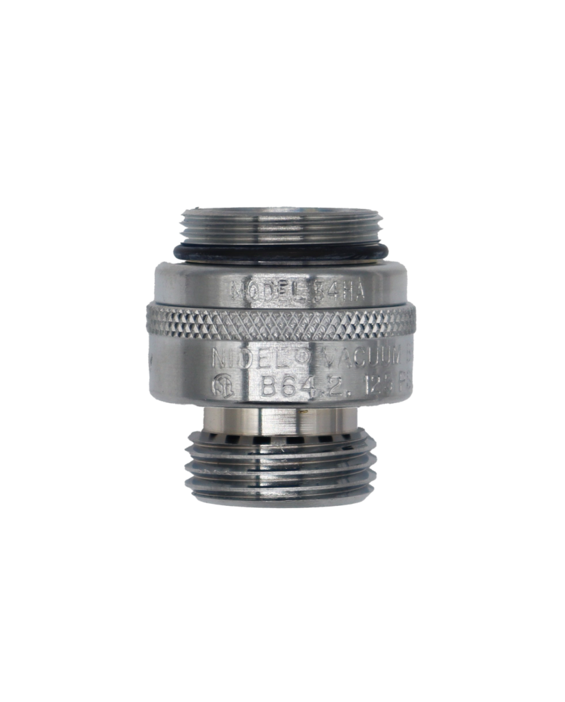 Polished chrome vacuum breaker with black oring and black plastic backflow preventer.