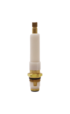 Bright brass stem with white plastic nipple white diverter washer black oring and black bottom washer with brass screw.