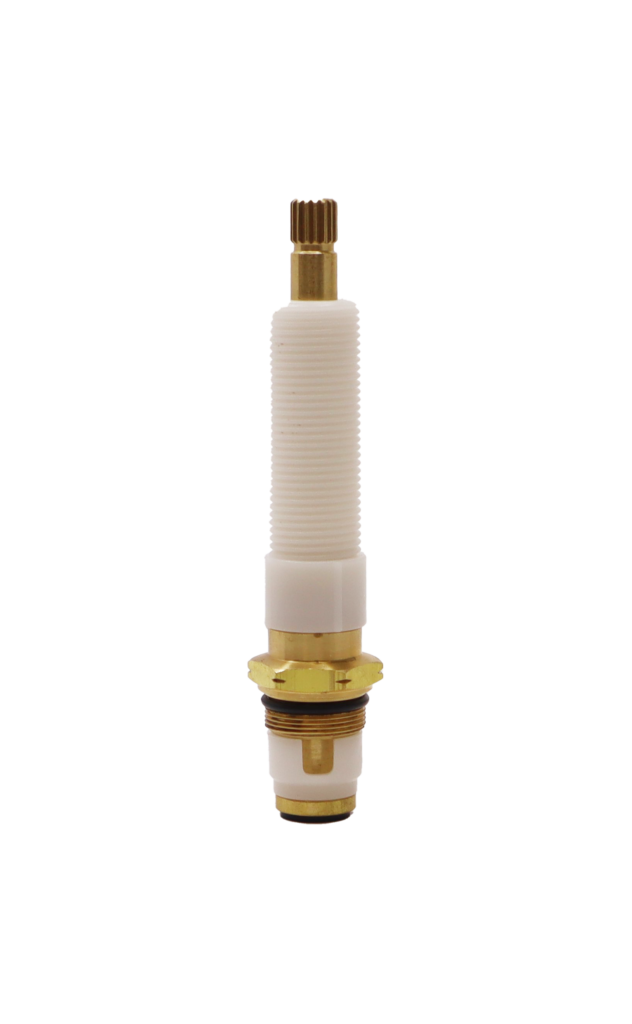 Bright brass stem with white plastic nipple white diverter washer black oring and black bottom washer with brass screw.