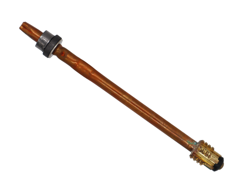 Copper stem with bright brass coarse threaded end with black rubber washer brass screw metal washer and grey graphite packings.