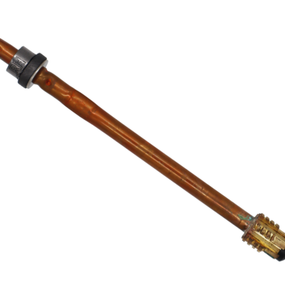 Copper stem with bright brass coarse threaded end with black rubber washer brass screw metal washer and grey graphite packings.