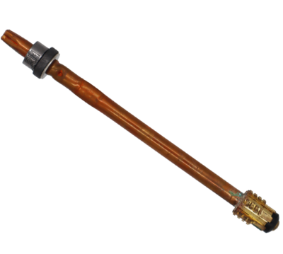 Copper stem with bright brass coarse threaded end with black rubber washer brass screw metal washer and grey graphite packings.