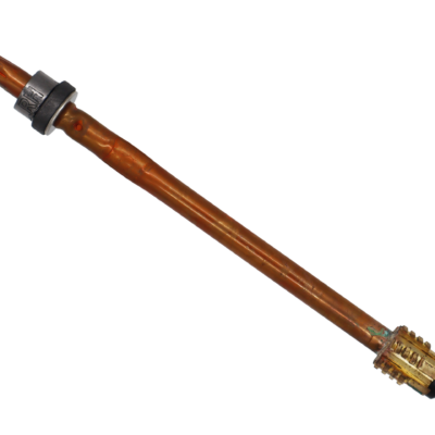 Copper stem with bright brass coarse threaded end with black rubber washer brass screw metal washer and grey graphite packings.